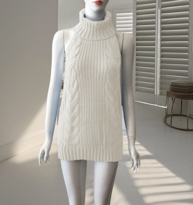 Spring Sexy Backless Turtleneck Sleeveless Knitted Pullover Women's Sweater