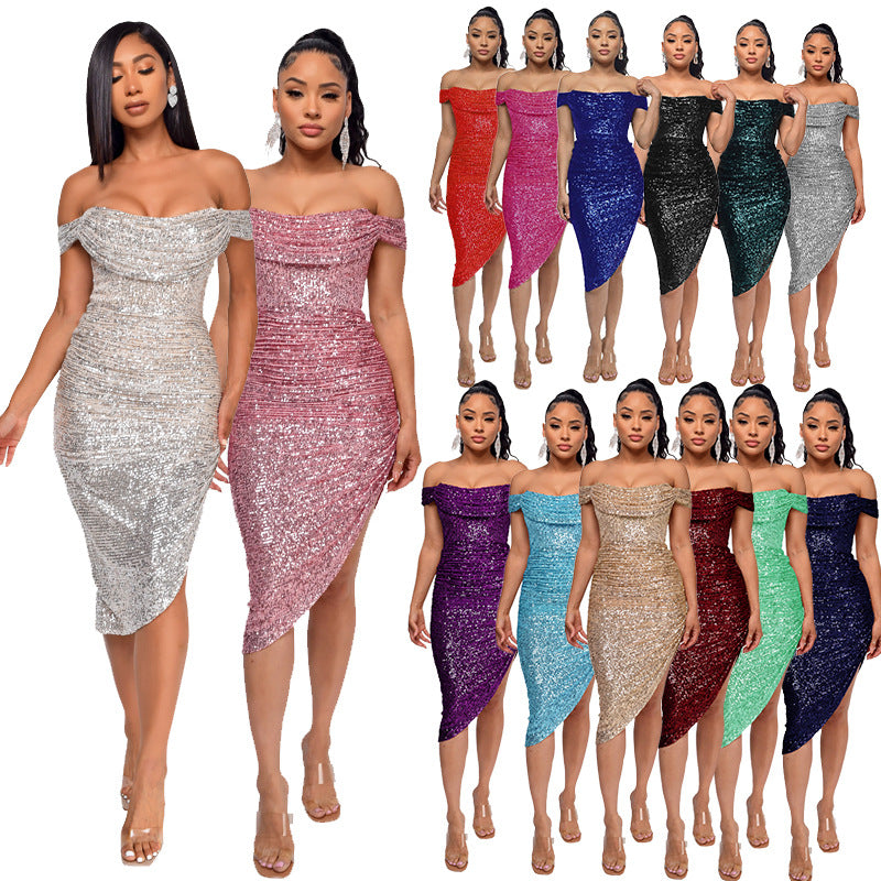 Women's Split Draped Dress Summer Sequined Backless Dresses