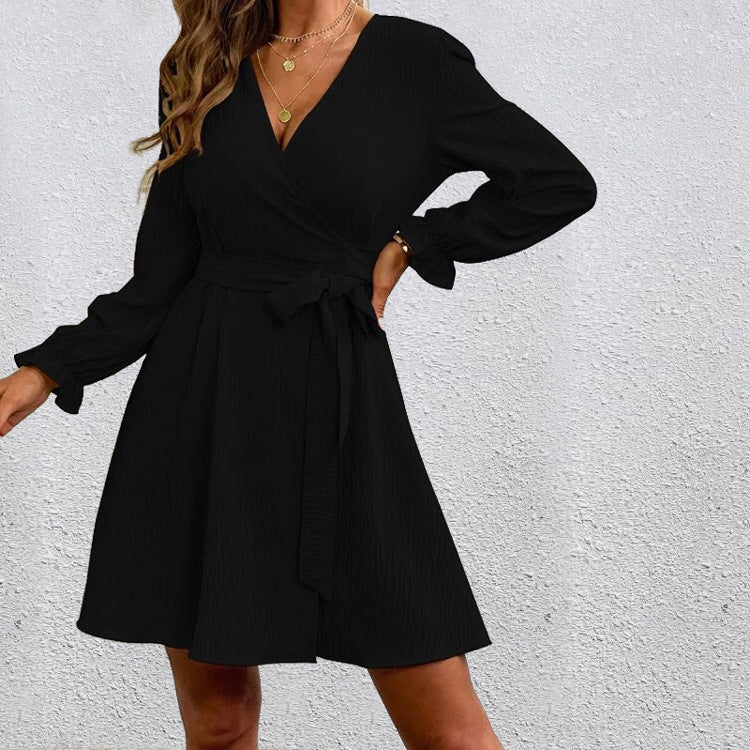 Solid Color Slit Collar Drawstring Lantern Dress