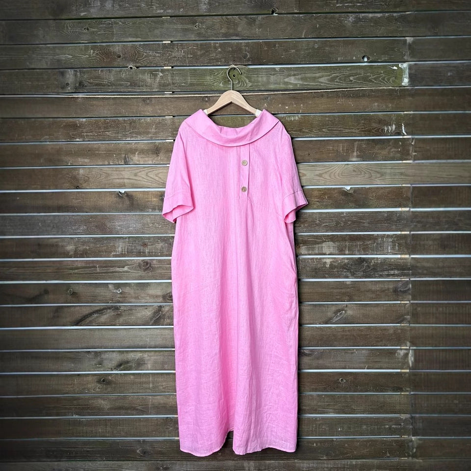 Women's Cotton Linen Casual Loose Pile Collar Sleeve Dress