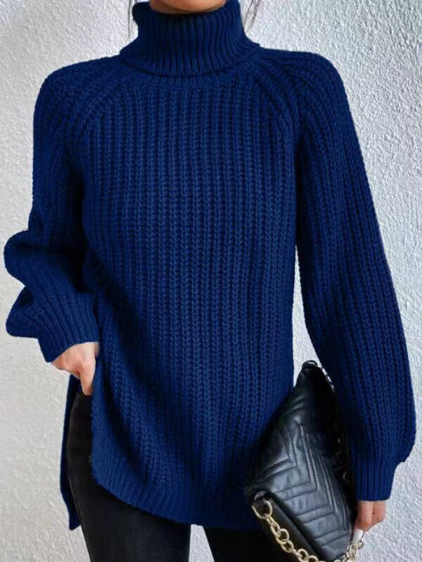 Women's Mid-length Raglan Sleeve High Lapel Split Knitwear
