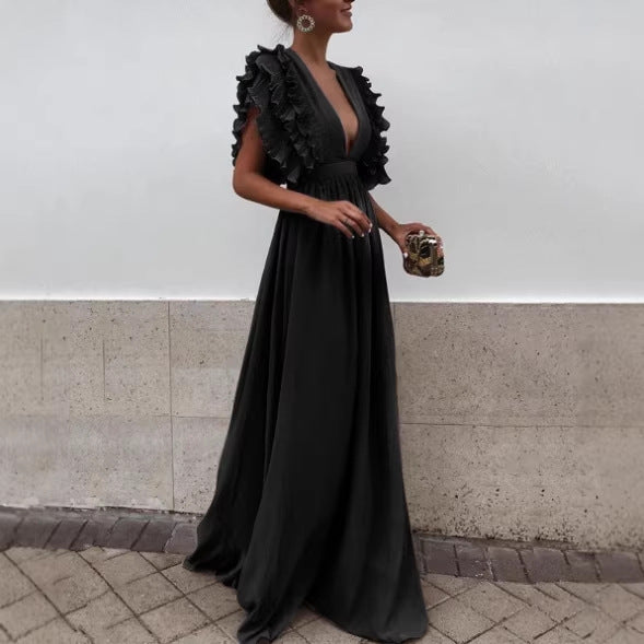 Women's Flying Sleeves Backless Solid Color Long Dress
