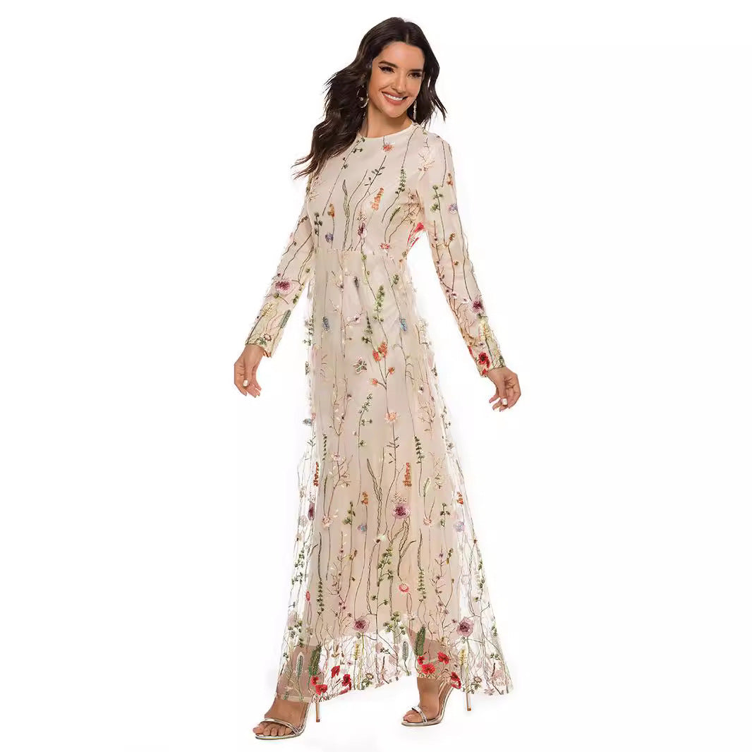 Embroidered Sweet Flowers Lace Long Fresh Dress