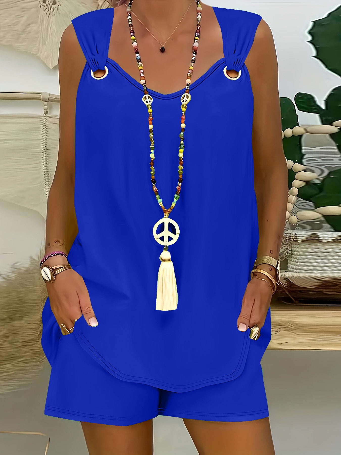 Round Neck Solid Color Two-piece Set Sleeveless Fashion Casual Suit