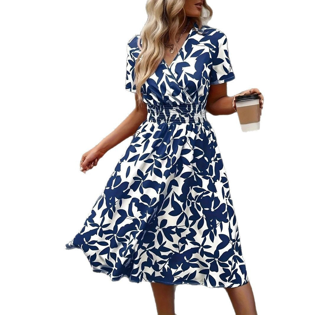 Sleeve Leaf Floral Print Swing Waist Shorts