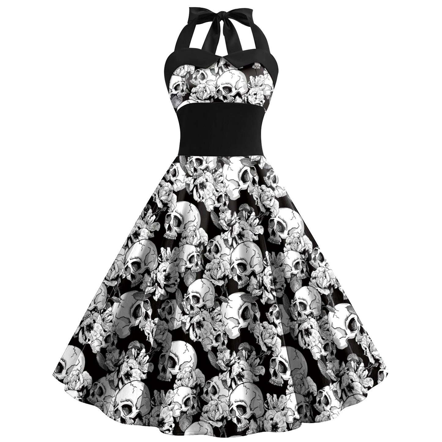 Women's Skull Cobweb Printed Tied Shoulder Strap High-waisted Dress
