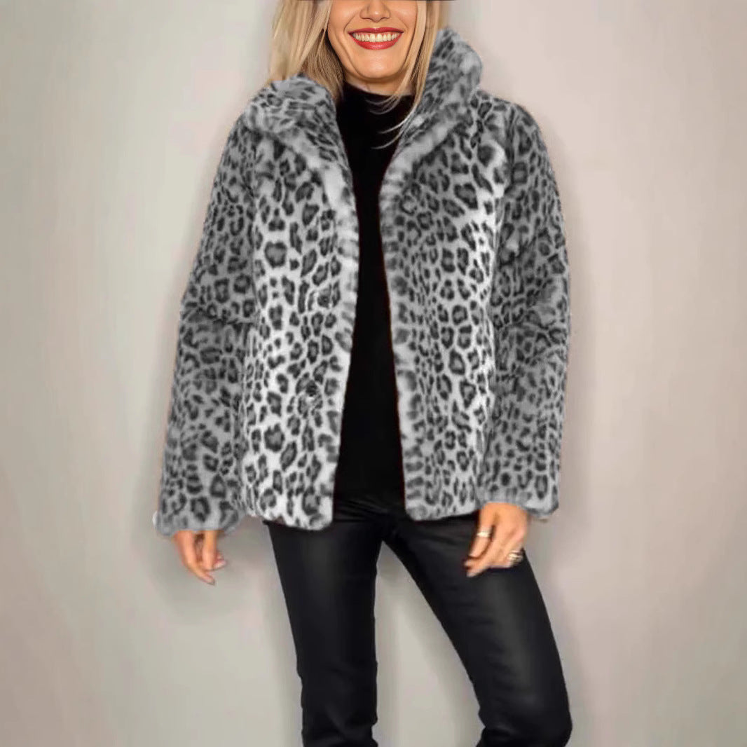 Women's Winter Fashionable Leopard Print Lapel Imitation Coats