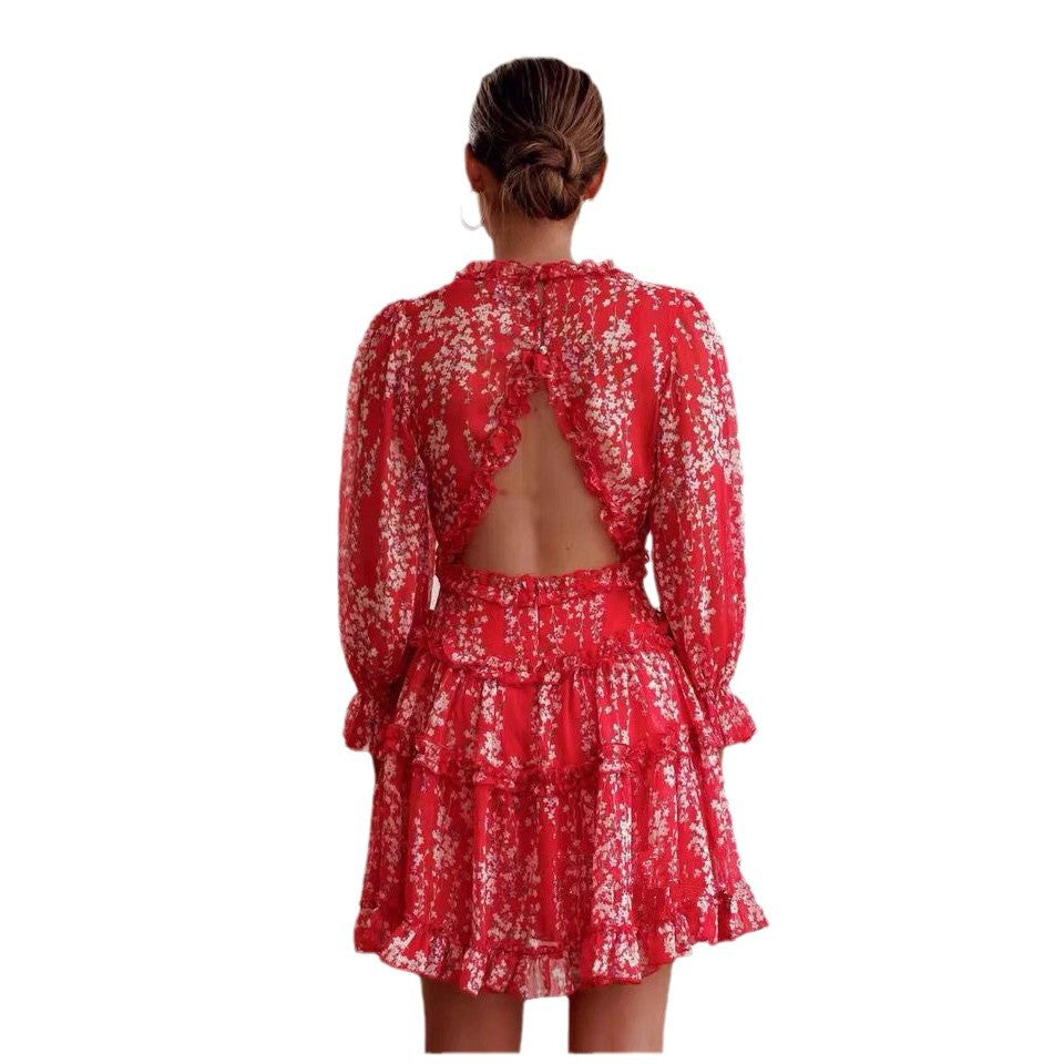 Printed Backless Long Sleeves Wooden Ear Dresses