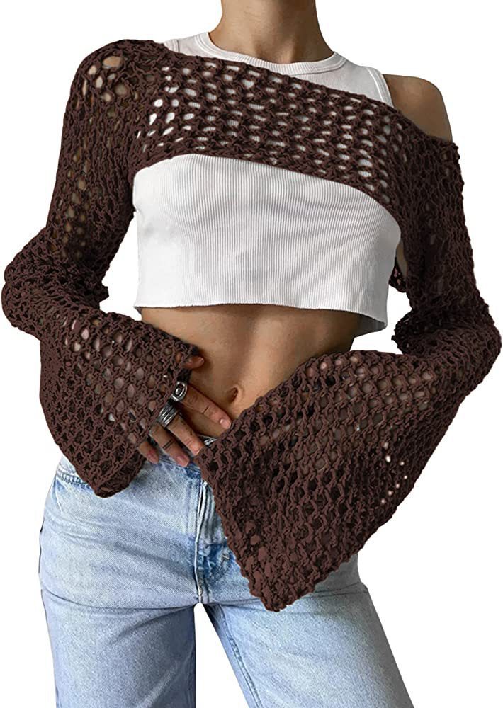 Women's Crochet Casual Bell Sleeve Sexy Mesh Women's Sweater