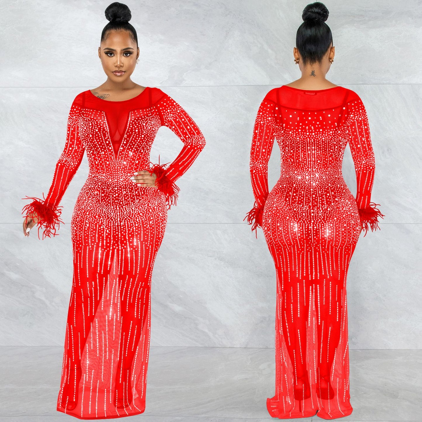 Women's Fashion Nightclub Party Hot Drilling Mesh Dresses