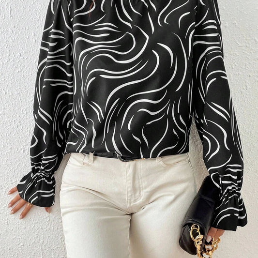 Women's Printed Ruffled Long Sleeve Collar Shirt Blouses