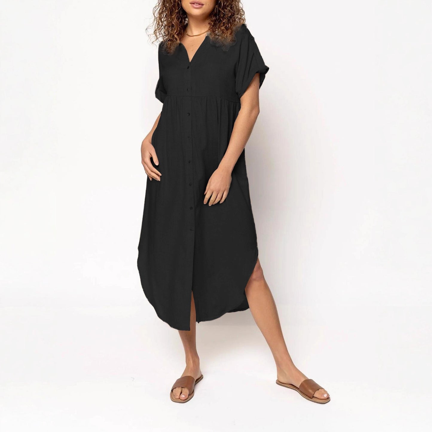 Loose Temperament Casual Solid Color Buttons Dress