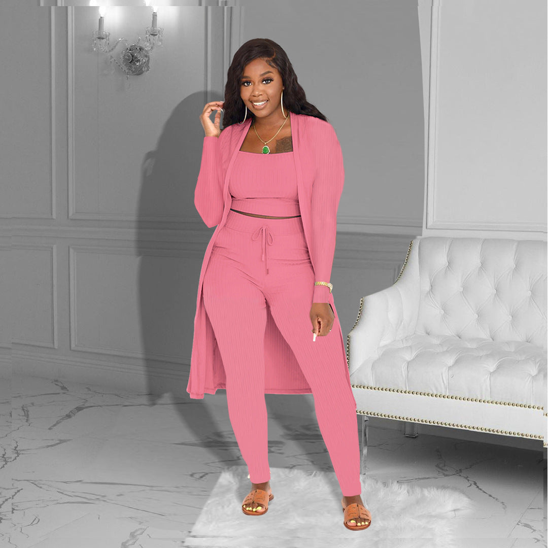 Women's Sunken Stripe Solid Color Three-piece Clothing