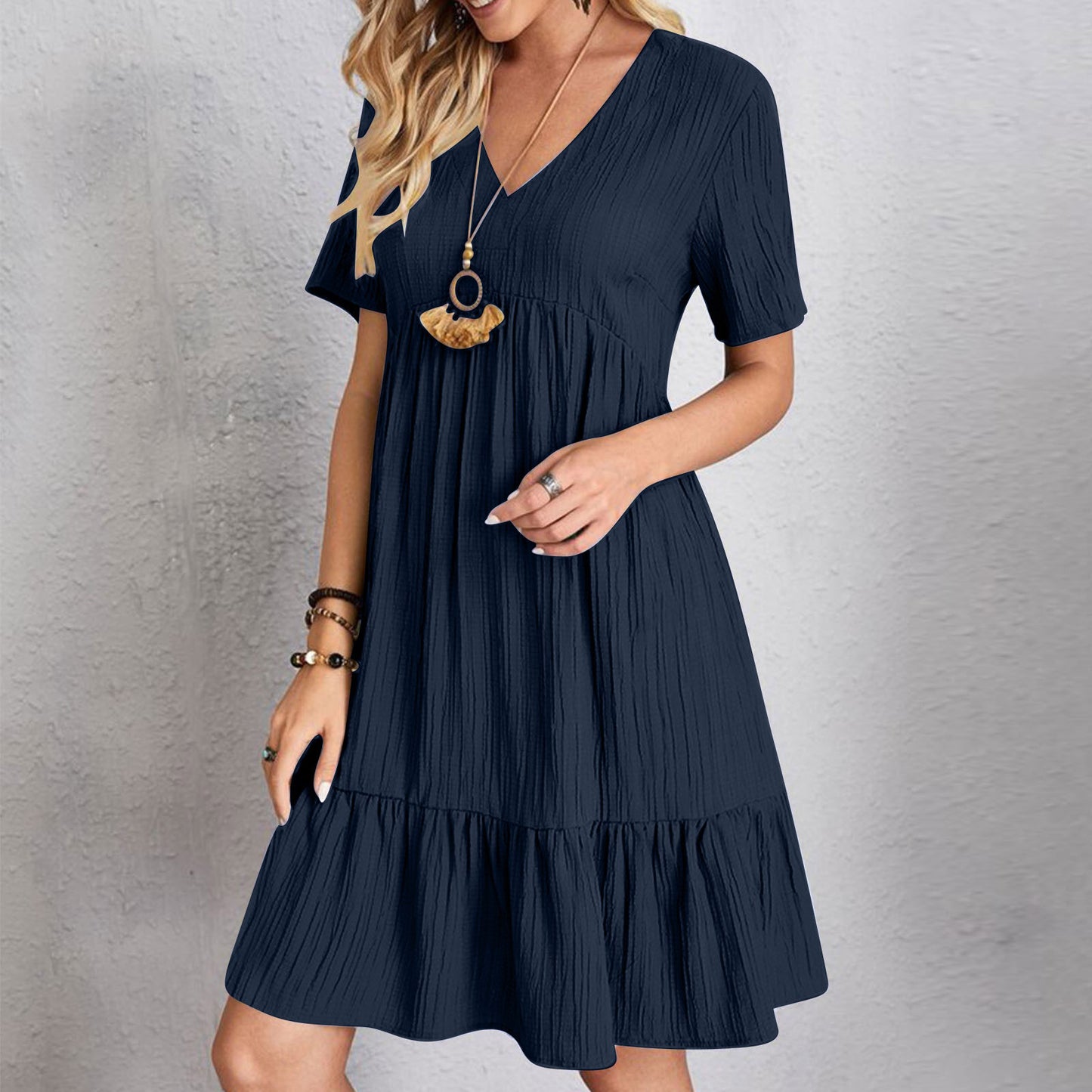 Women's Loose Solid Color Pleated Casual Lace Dress