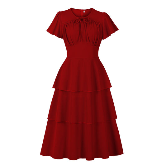 Women's Waist Sweet Bow Flying Sleeves Cake Dress Slimming Dresses