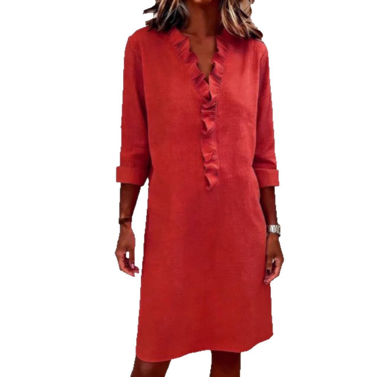 Women's Slimming Wooden Ear Long Sleeve Cotton Linen Dress