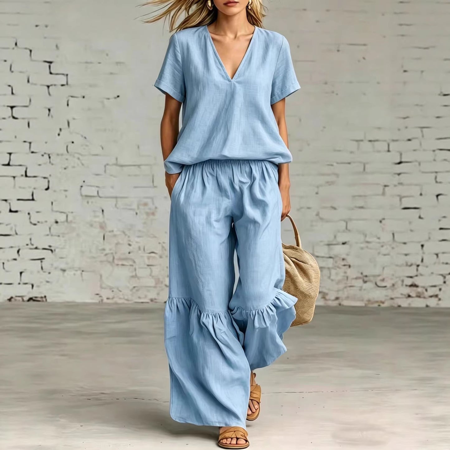 Women's Solid Color Loose Short-sleeved Trousers Two-piece Fashion Casual Suit