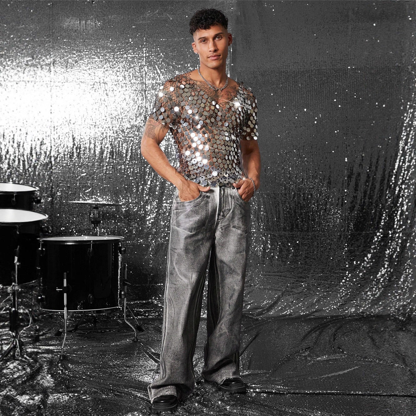 Men's Diamond Studded Hollow Sequin Mesh Outerwear Blouses