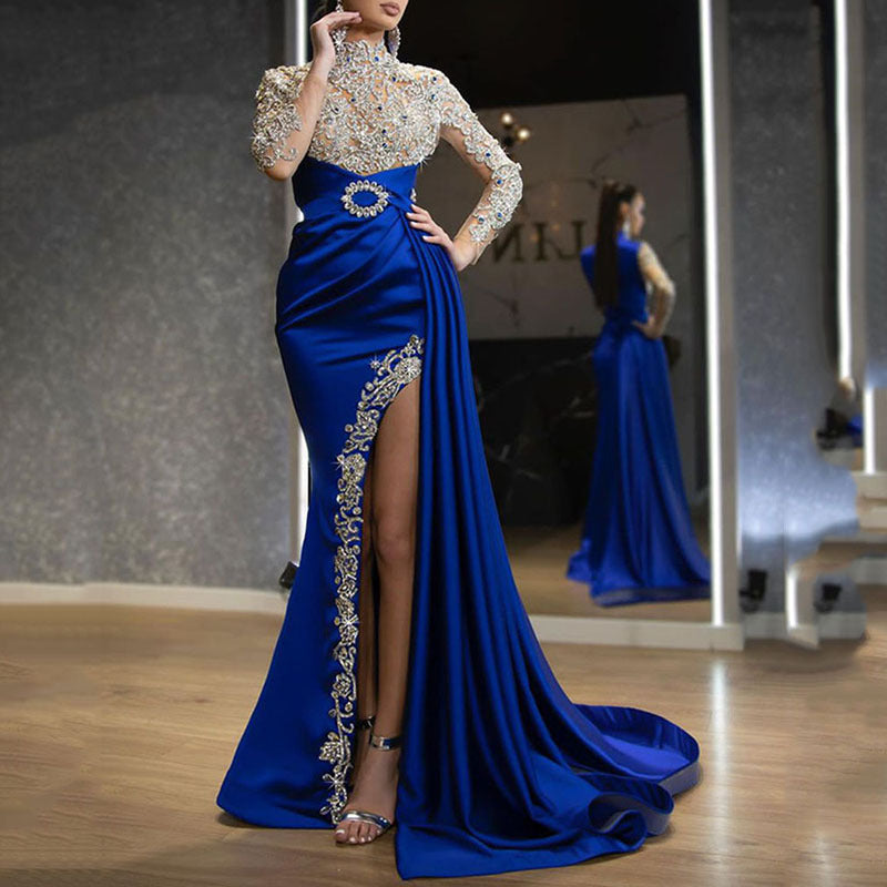 Women's Blue Gold Split Stitching Neck Dress