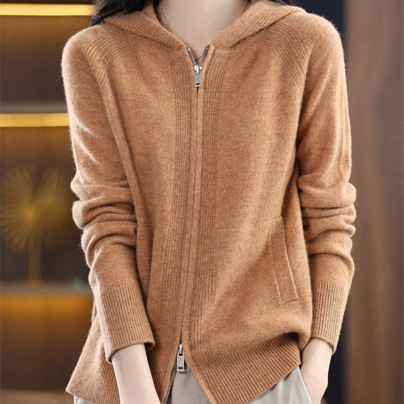 Women's Elegant Double Zipper Hooded Solid Color Sweater