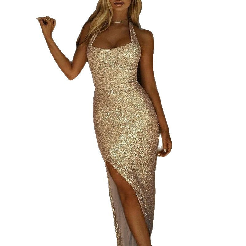 Halter Slim Fit Gold Sleeveless Split Glitter Dress