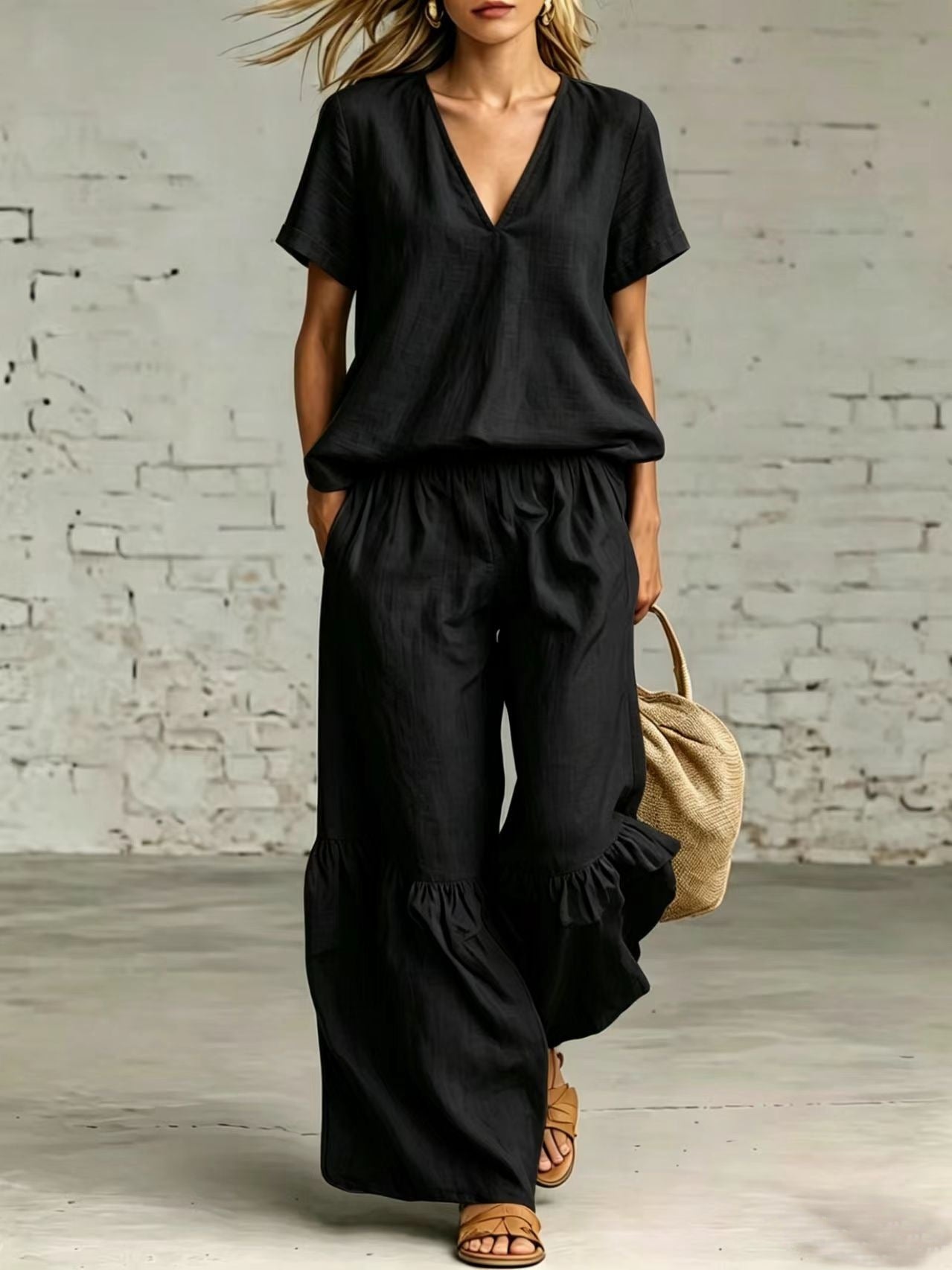 Women's Solid Color Loose Short-sleeved Trousers Two-piece Fashion Casual Suit