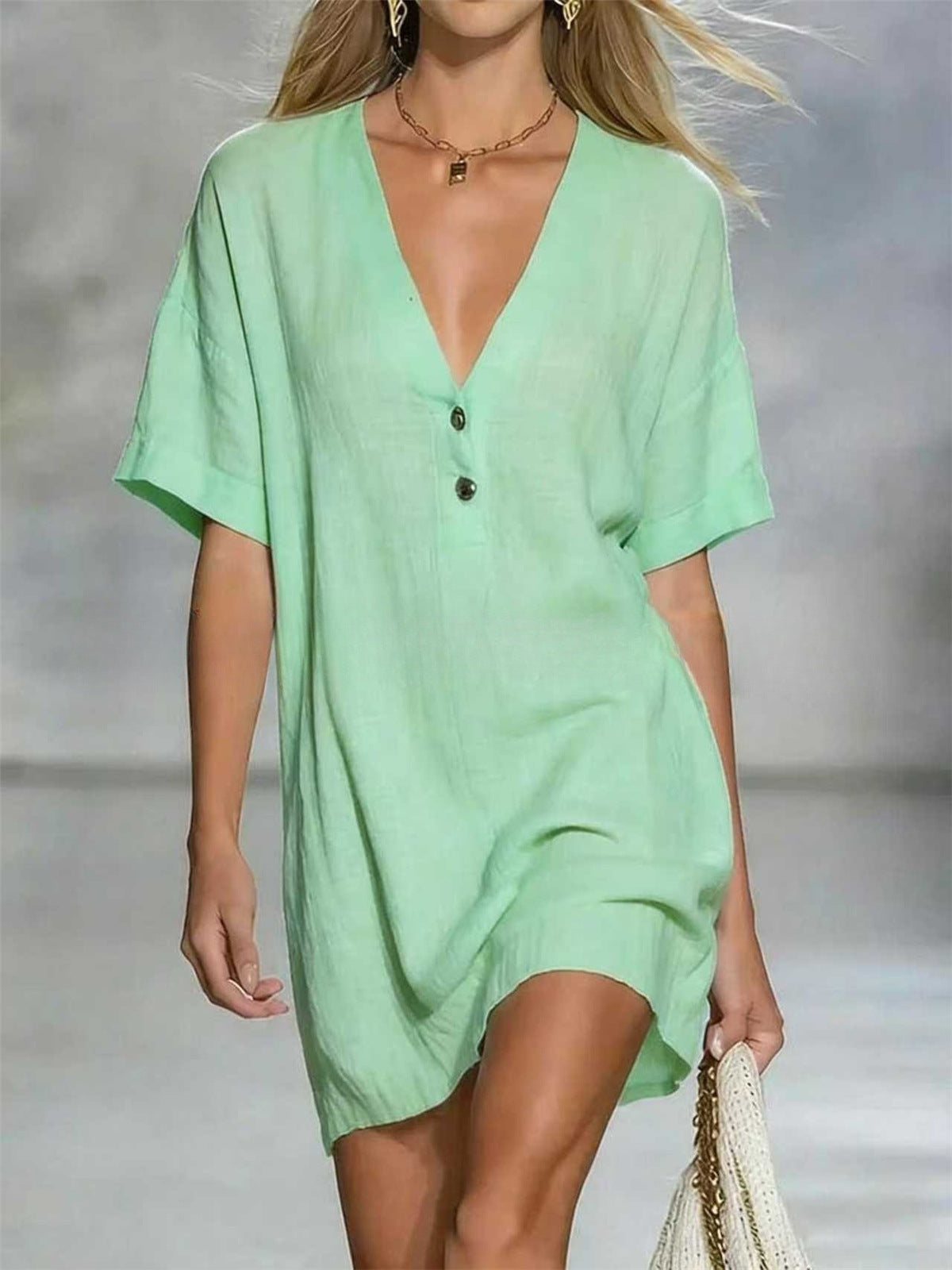 Women's Fashion Sleeve Solid Color Casual Button Dress