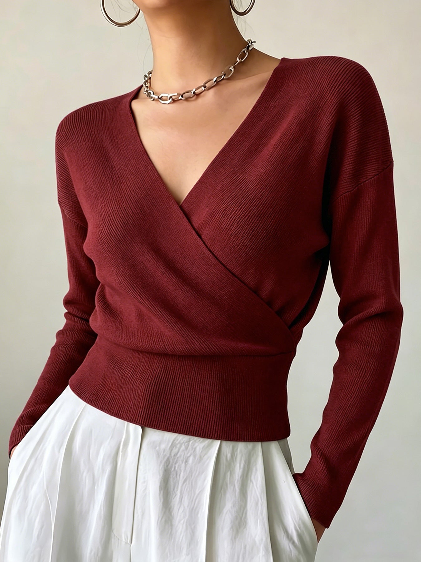 Women's Solid Color Fashion Cross Collar Tight Waist Design Show Figure Sweaters