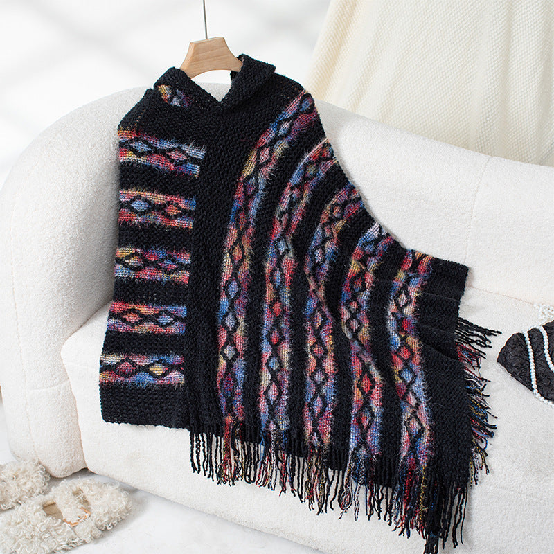 Women's Colorful Striped Hooded Knitted Tassel Cape Shawl Sweaters