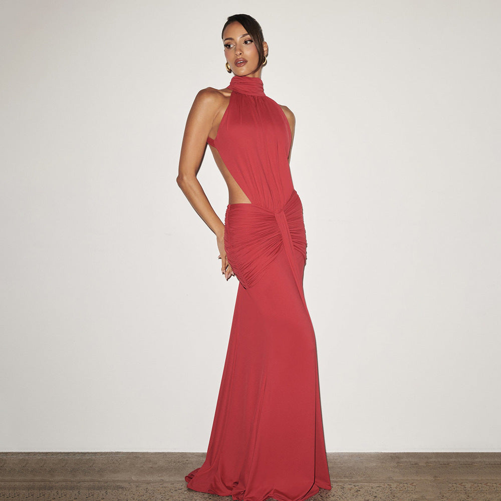 Women's Temperament Pure Color Banquet Long Sexy Backless Slim Fit Dress
