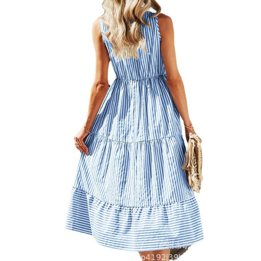 Women's Summer Striped Sleeveless Elastic Waist Large Dresses