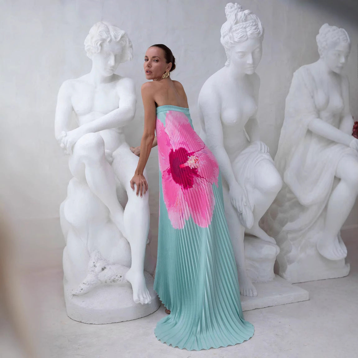 Pleated Positioning Printed Tube Large Swing Dresses