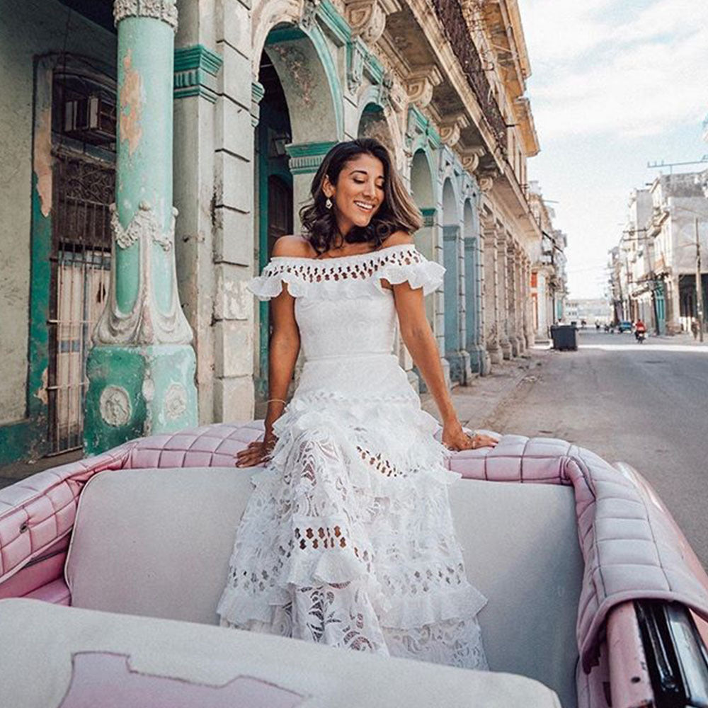 Women's Ruffled Hollow White Wide Hem Lace Dresses