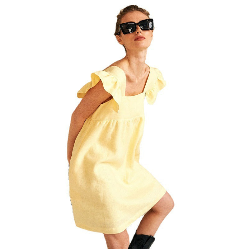 Women's Yellow Midi Dress Fashion Commuter Flying Sleeves Dresses