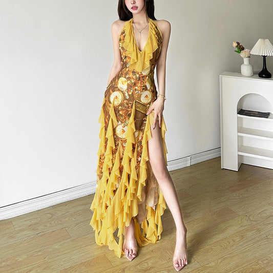 Women's High-grade Atmosphere Deep Collar Ruffled Backless Clothing
