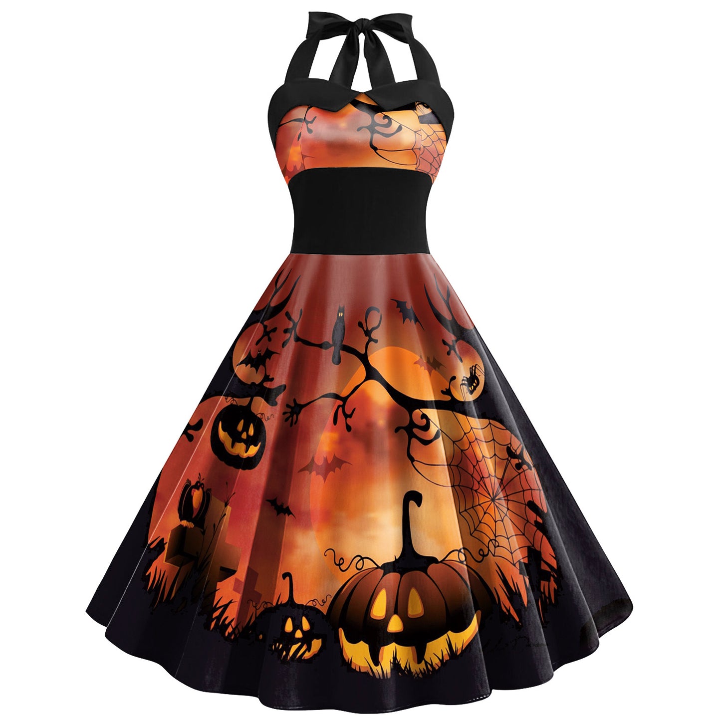 Women's Skull Cobweb Printed Tied Shoulder Strap High-waisted Dress