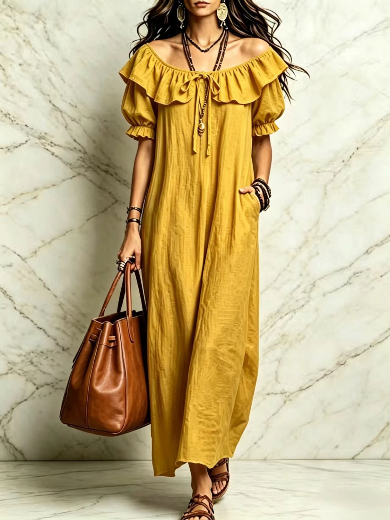 Loose Round Neck Ruffled Leisure Temperament Seaside Dress
