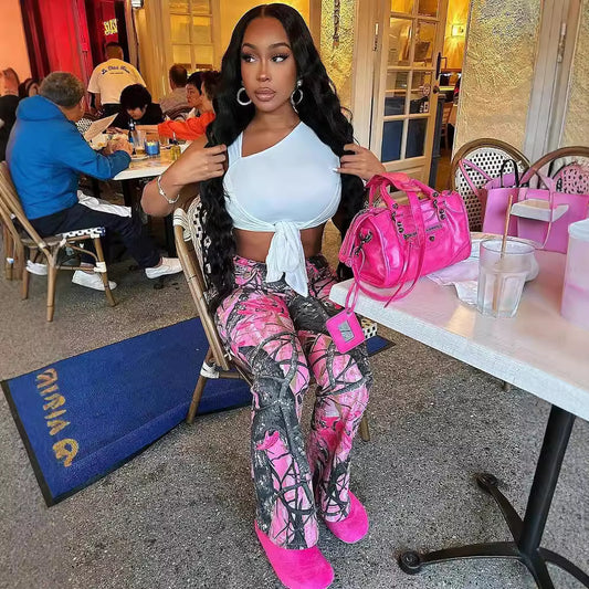 Women's Pink Camouflage High Waist Slim Street Pants