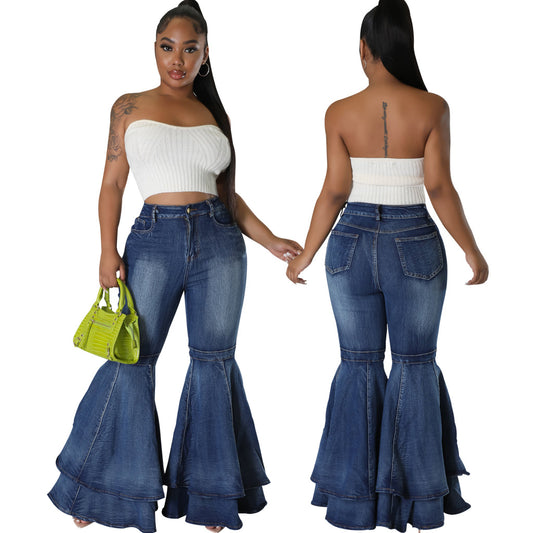 Casual Fashionable Washed Denim Stretch Flared Jeans