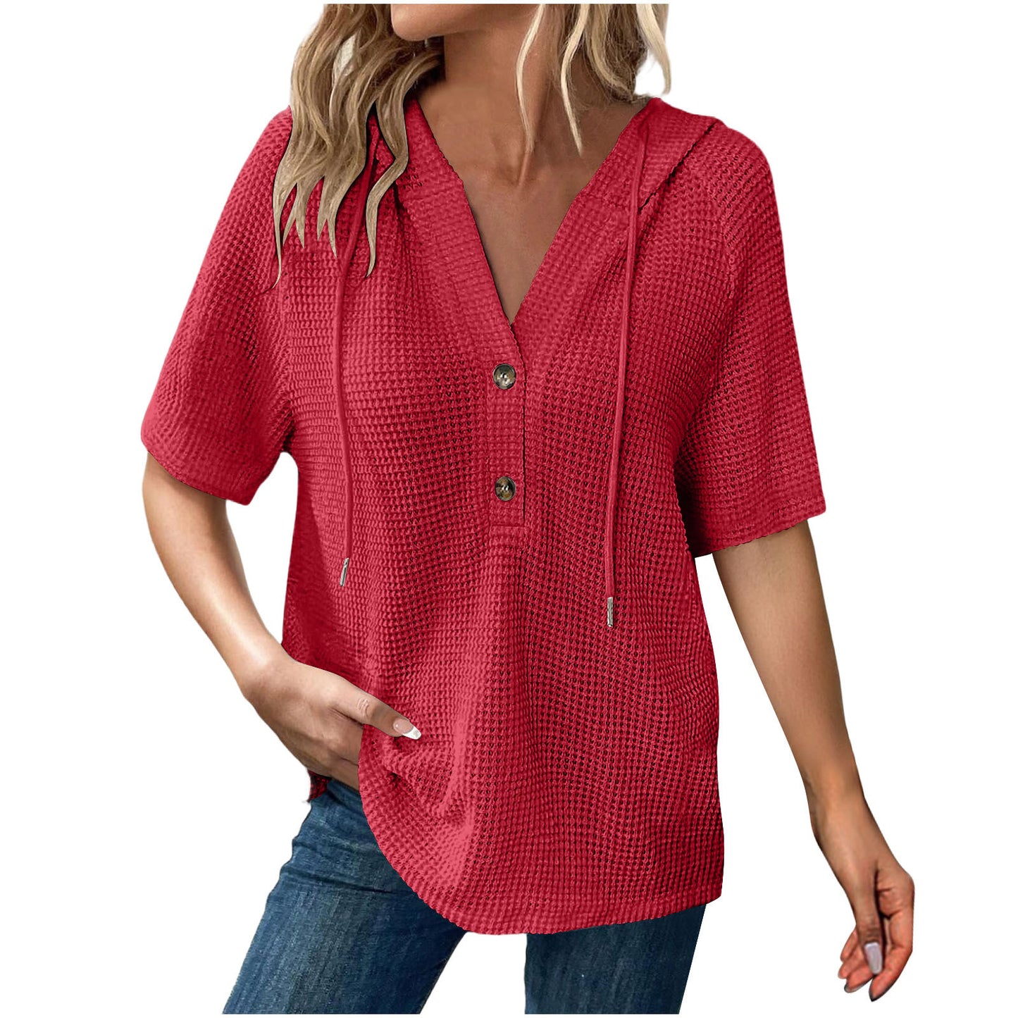 Women's Solid Color Waffle Hooded Button Loose Sleeve Shorts
