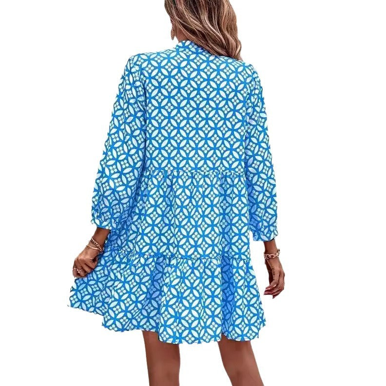 Fresh Printed Temperament Niche Floral Three-quarter Sleeve Dress