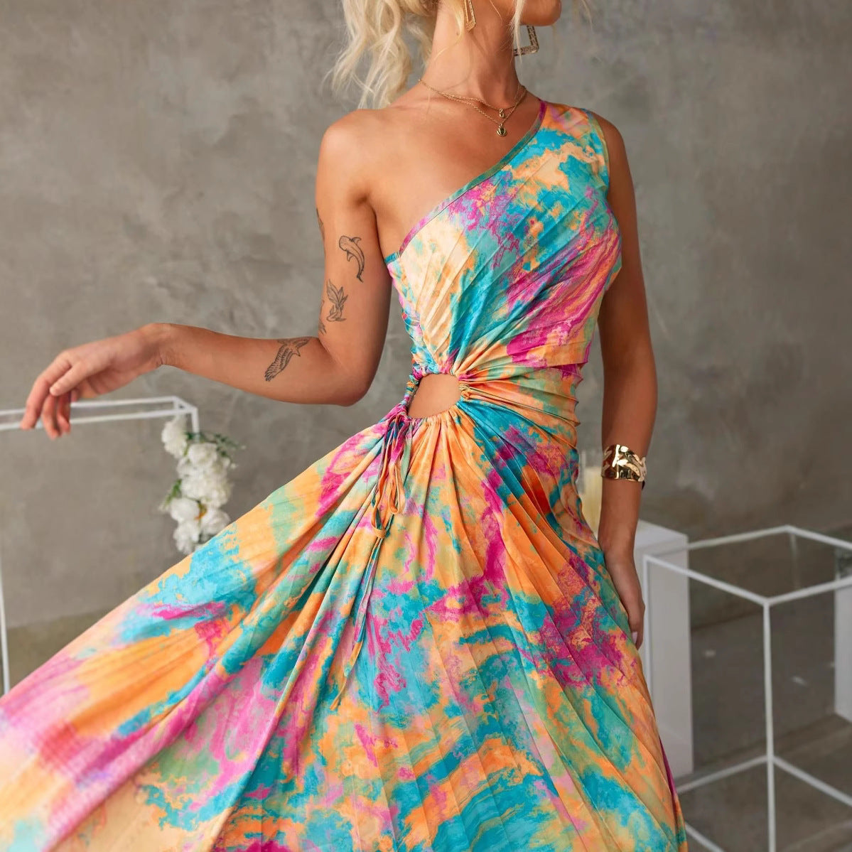 Summer Design Folding Printed Sleeveless Dress Dresses