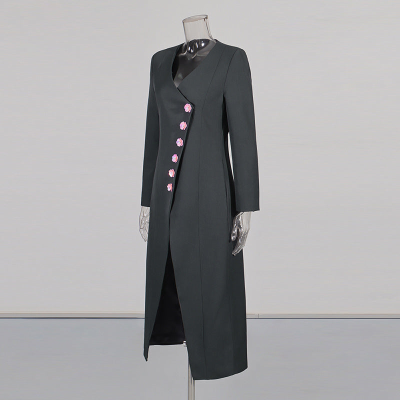 Commute Style Flower Button Stitching Design Solid Color Long Coats