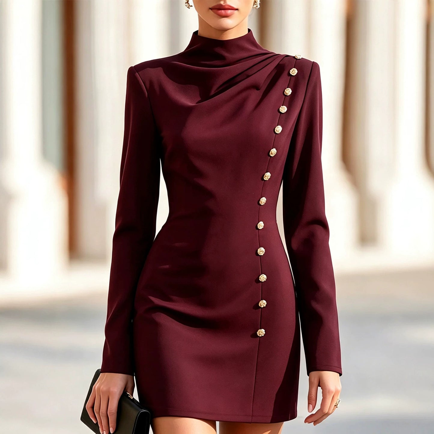 Half Turtleneck Pleated Slim Fit Metal Buckle Long Sleeve Skirts