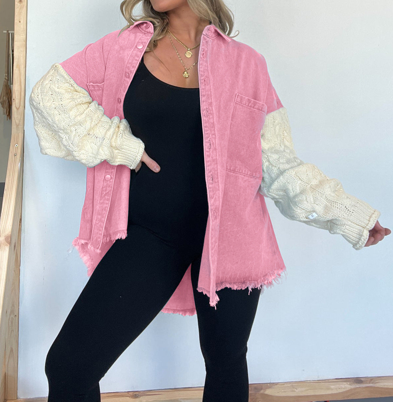 Women's Loose Stitching Sleeve Denim Woolen Jackets