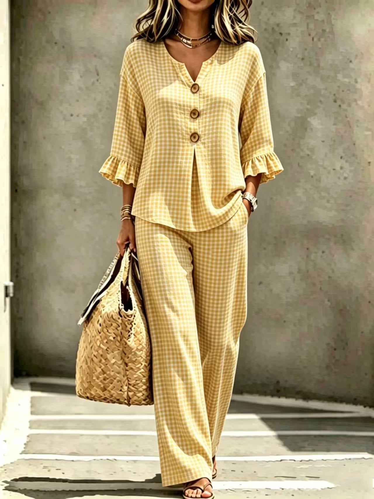 Women's Button Flounce Plaid Sleeve Trousers Tops