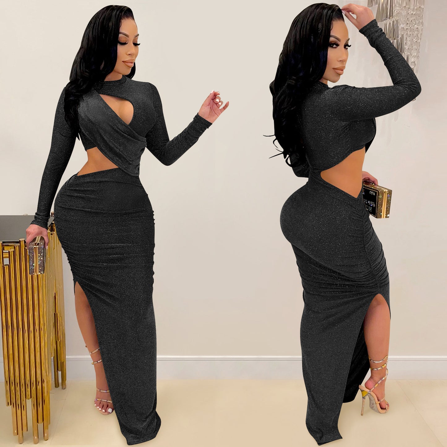 Solid Color Round Neck Long Sleeve Hollow Dresses
