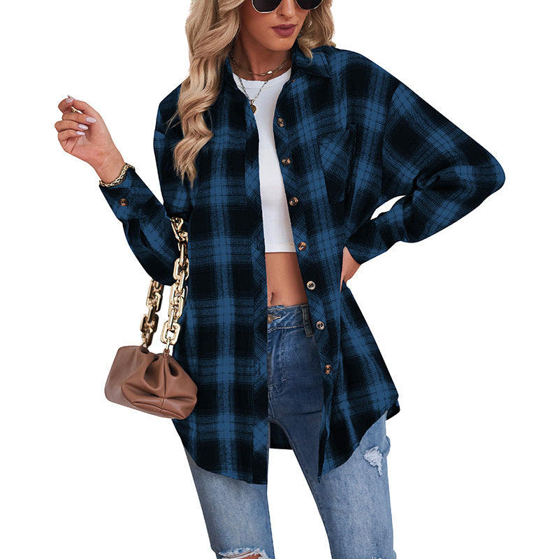 Women's Casual Boyfriend Style Loose Plaid Shirt Blouses