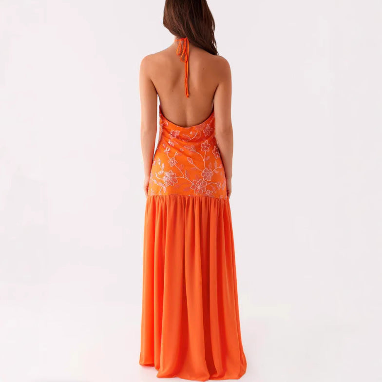 Women's Sequin Sequined Chiffon Stitching Halter Split Sexy Dresses