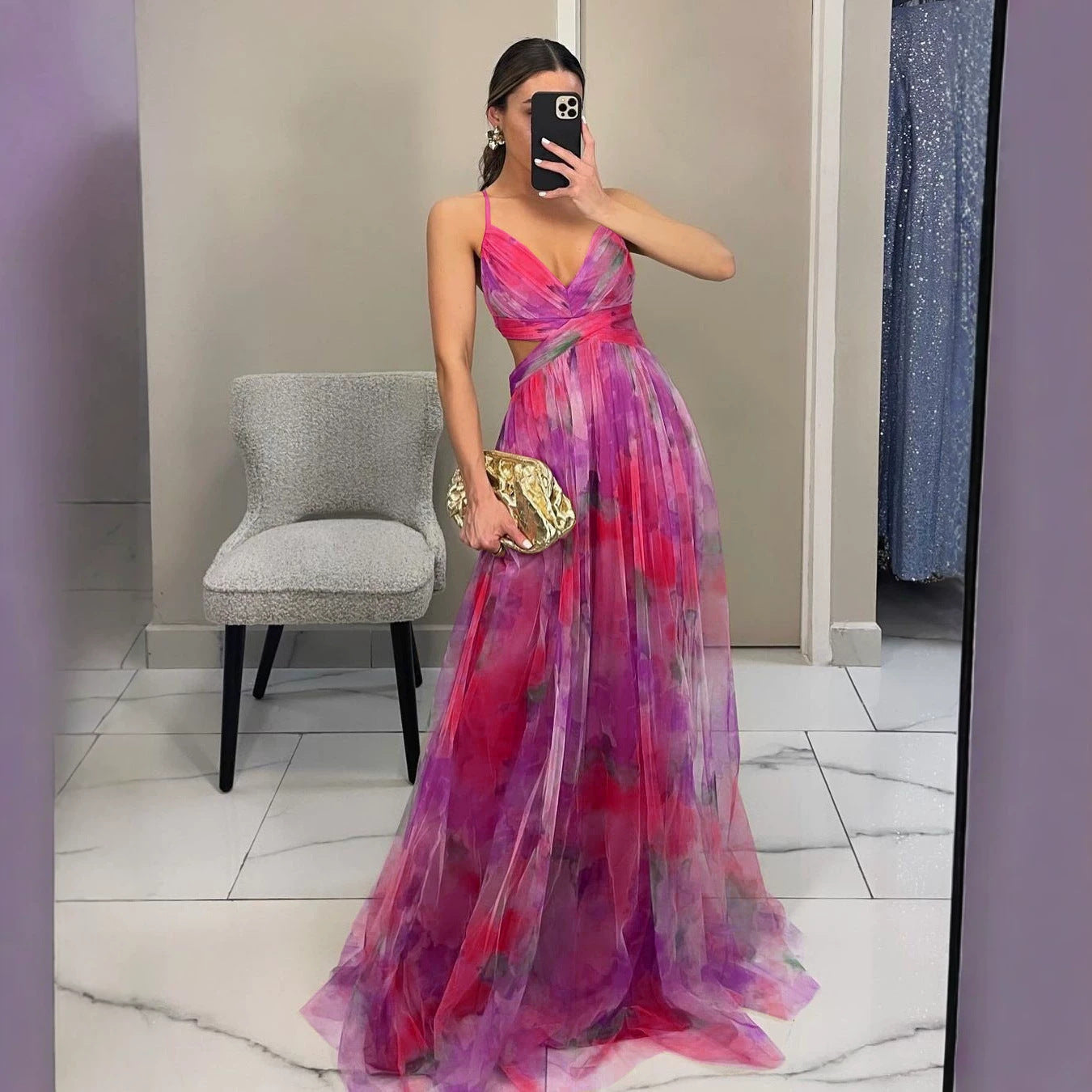 Mesh Printing Slip Holiday Leisure Party Dress